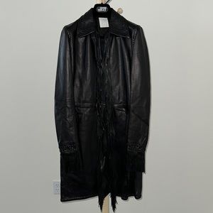 Versace Black Leather Fringe Long Coat